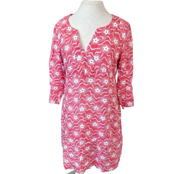 Boden Red Linen Star Mini Dress 3/4 Sleeve Notch Neck Sz 8 Petite 4th Of July - Picture 1 of 11